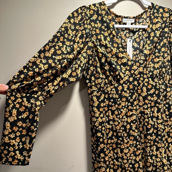 TOPSHOP V-Neck Floral Textured Midi Dress Long Sleeve Sun Dress Slits Puff NWT - Picture 9 of 13